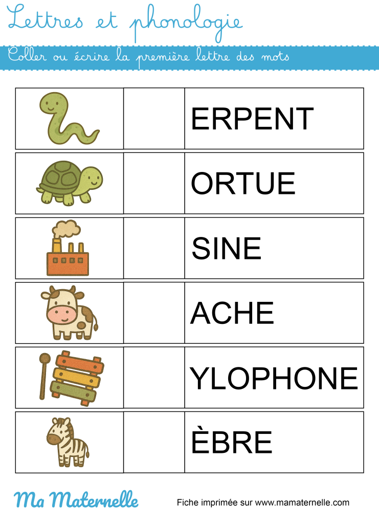 Grande section - Lettres et phonologie : coller ou écrire la première lettre des mots