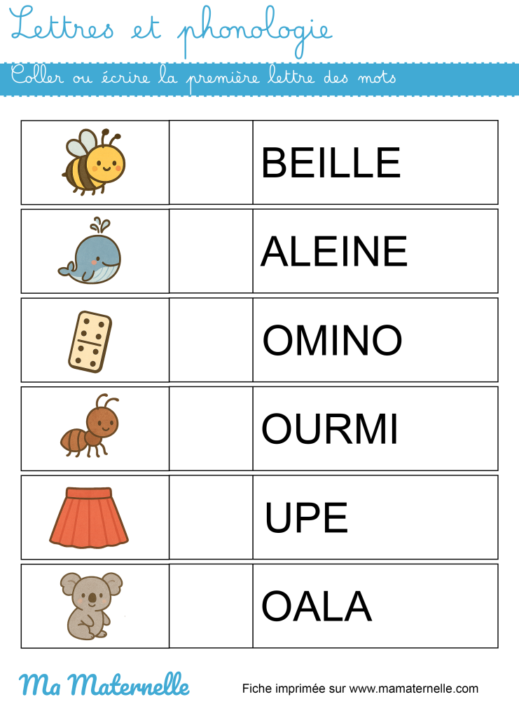 Grande section - Lettres et phonologie : coller ou écrire la première lettre des mots