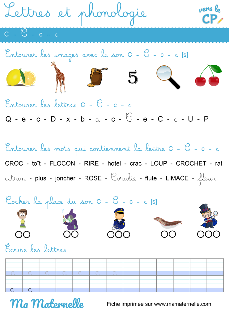 Vers le CP - Lettres et phonologie : la fiche du C [s]