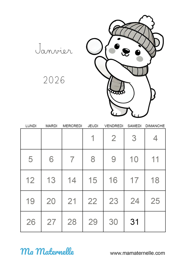 Activités - Calendrier coloriage Janvier 2026