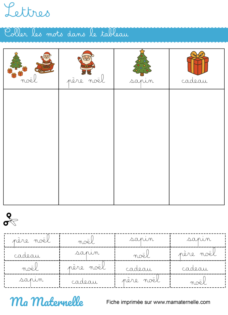 Grande section - Lettres : coller les mots dans le tableau