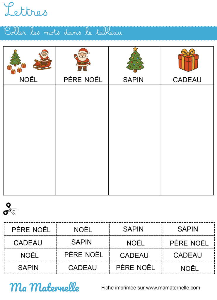 Moyenne section - Lettres : coller les mots dans le tableau