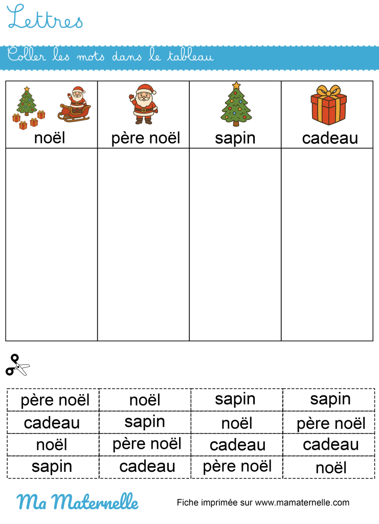 Moyenne section - Lettres : coller les mots dans le tableau