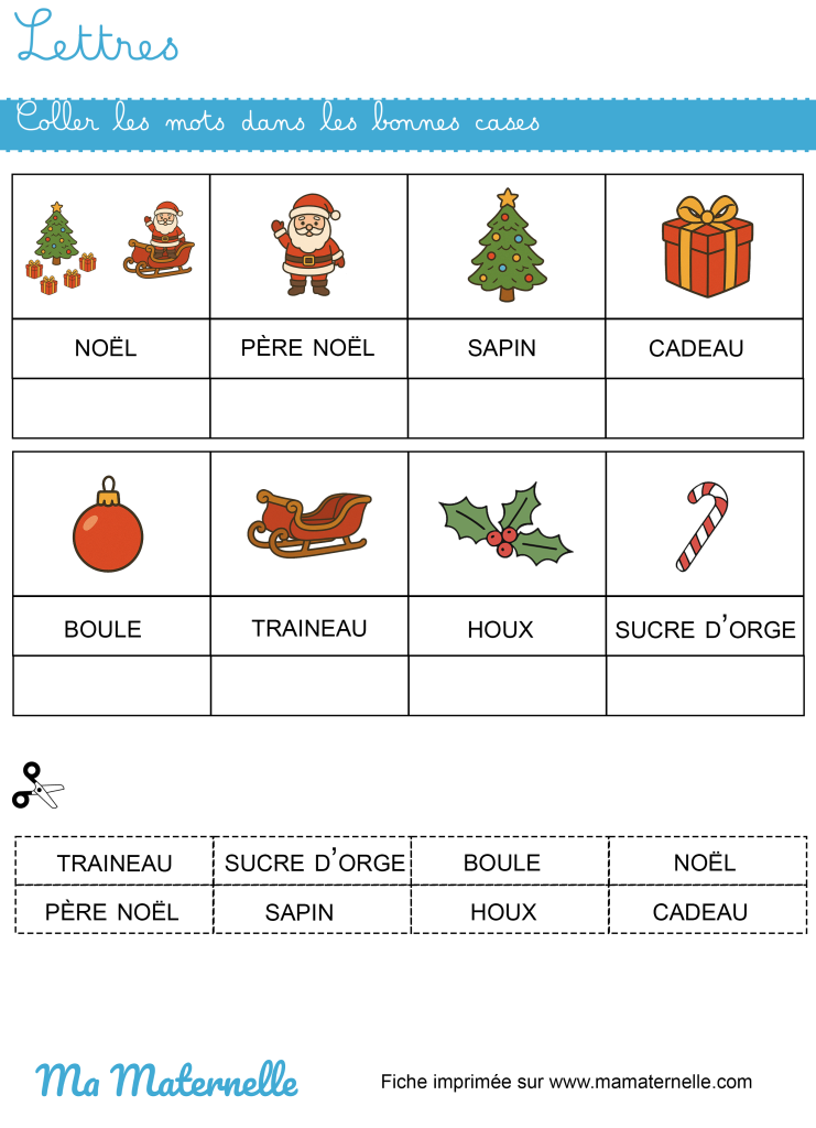 Moyenne section - Lettres : coller les mots dans le tableau