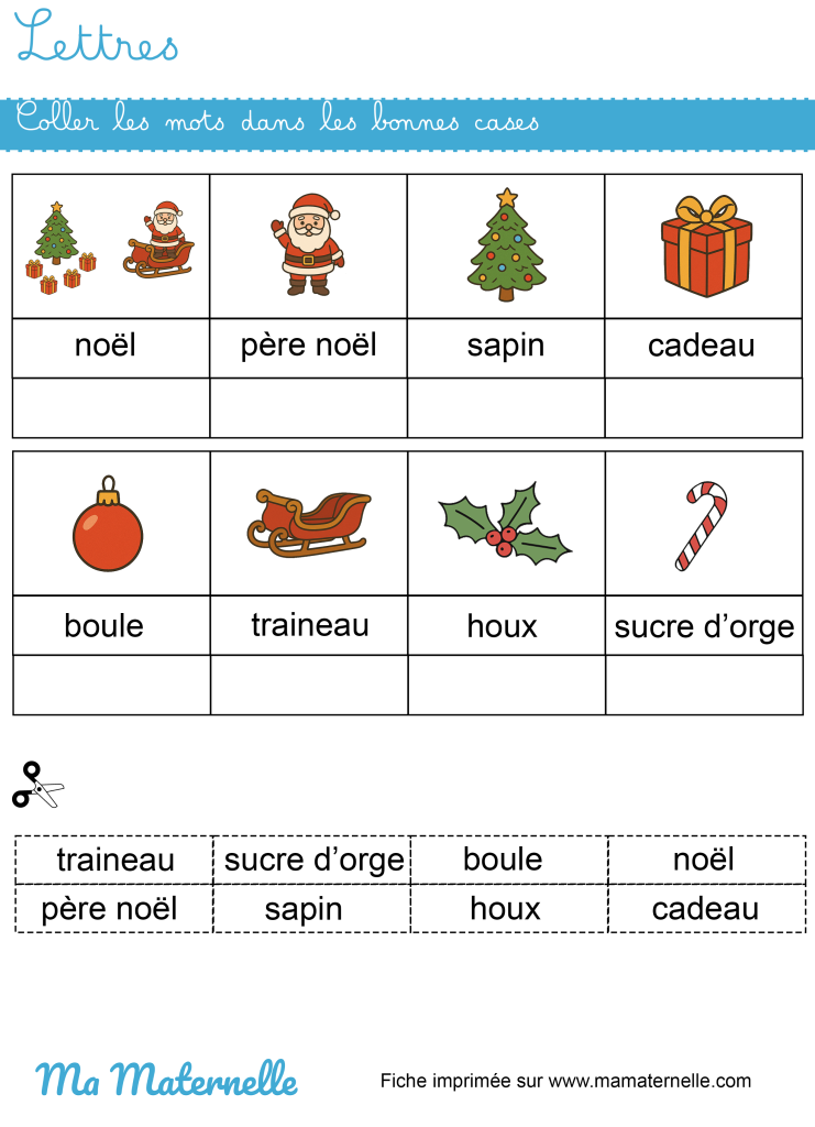 Moyenne section - Lettres : coller les mots dans le tableau