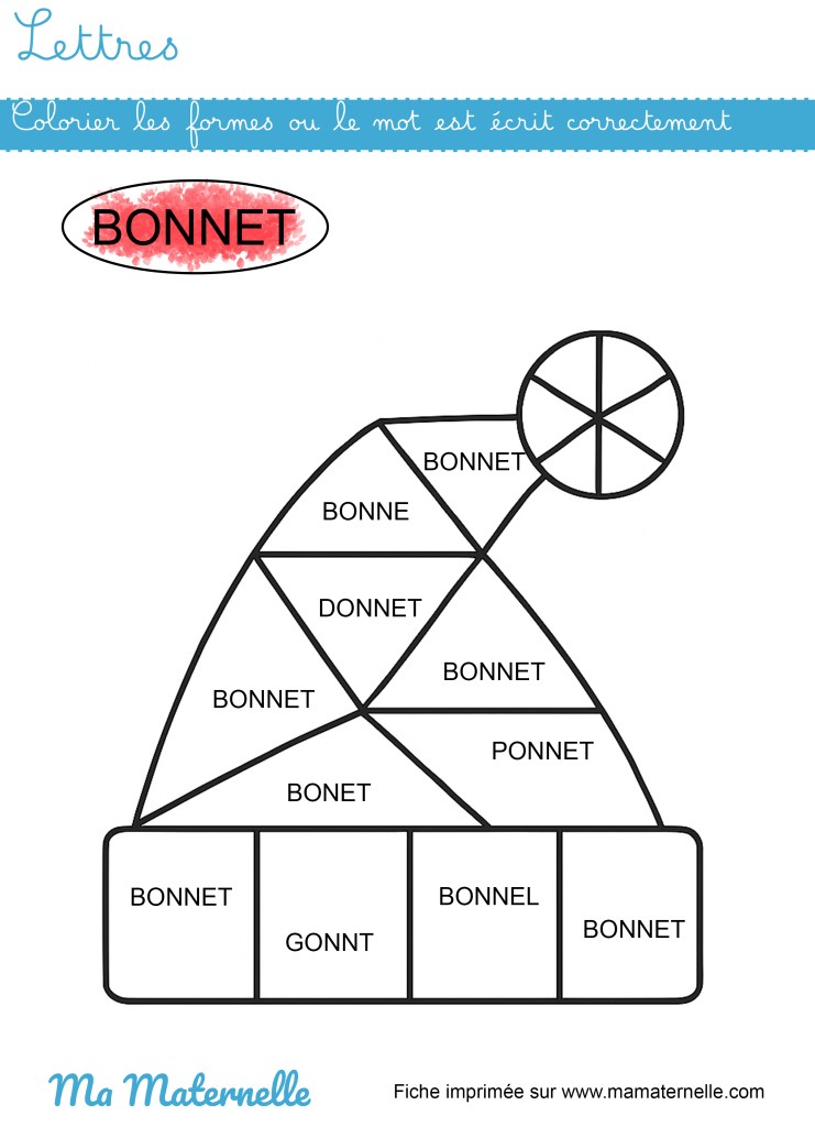 Grande section - Lettres : colorier les formes où le mot est écrit
