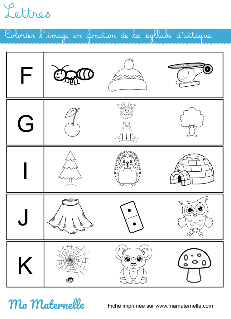 Grande section - Lettres : colorier l’image en fonction de la syllabe d’attaque