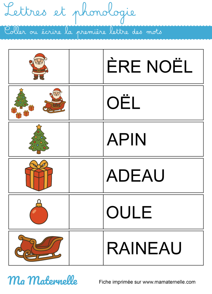 Grande section - Lettres et phonologie : coller ou écrire la première lettre des mots
