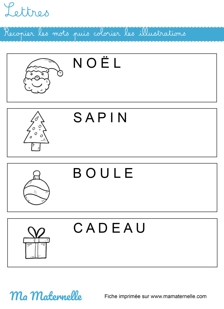 Moyenne section - Lettres : recopier les mots puis colorier