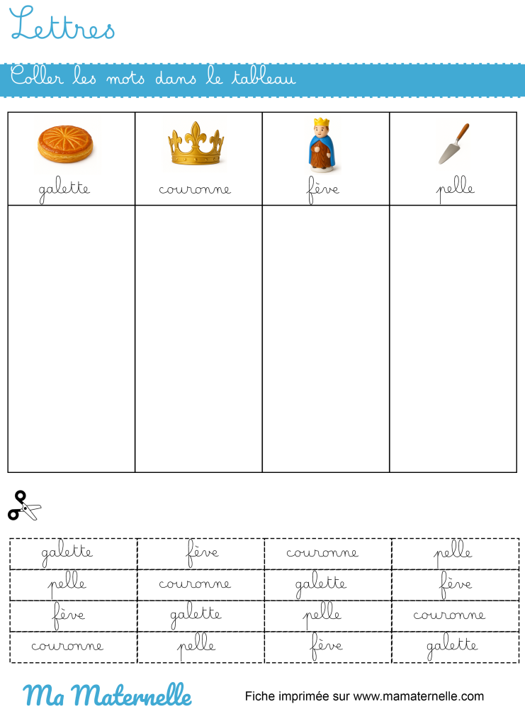 Grande section - Lettres : coller les mots dans le tableau