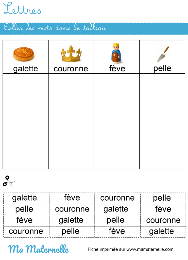 Moyenne section - Lettres : coller les mots dans le tableau