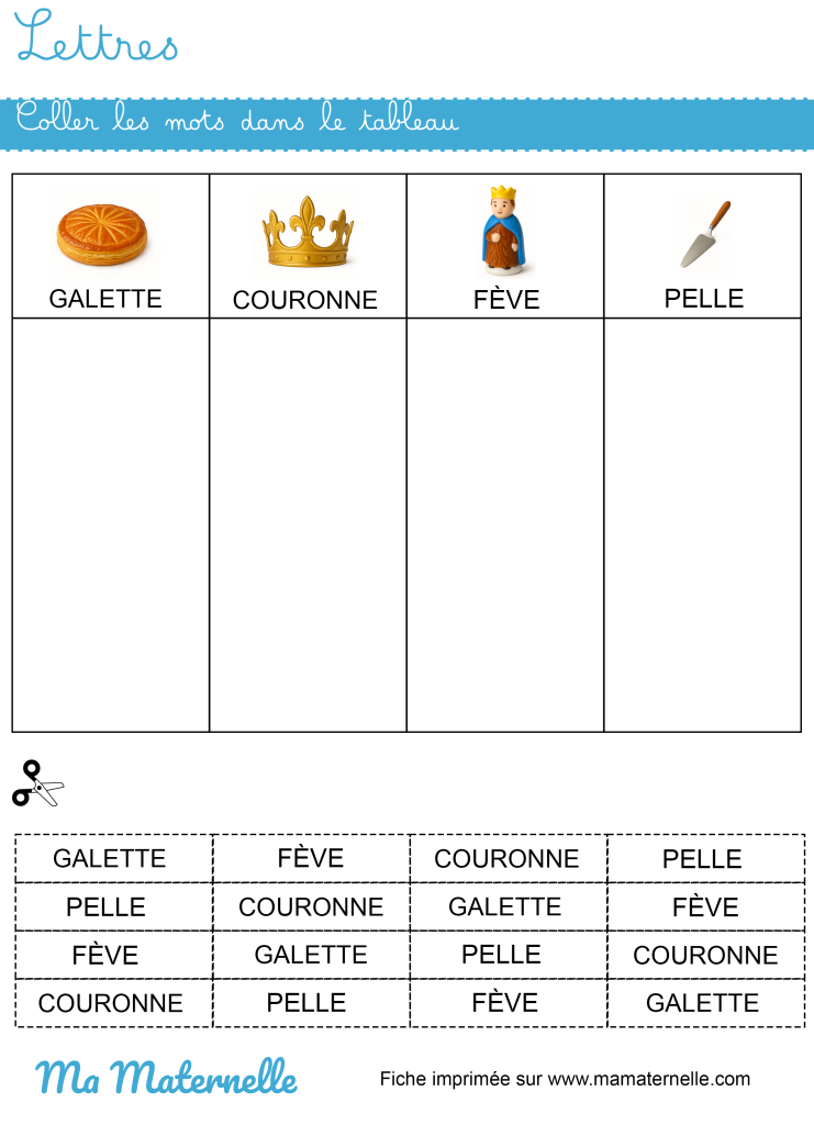 Moyenne section - Lettres : coller les mots dans le tableau