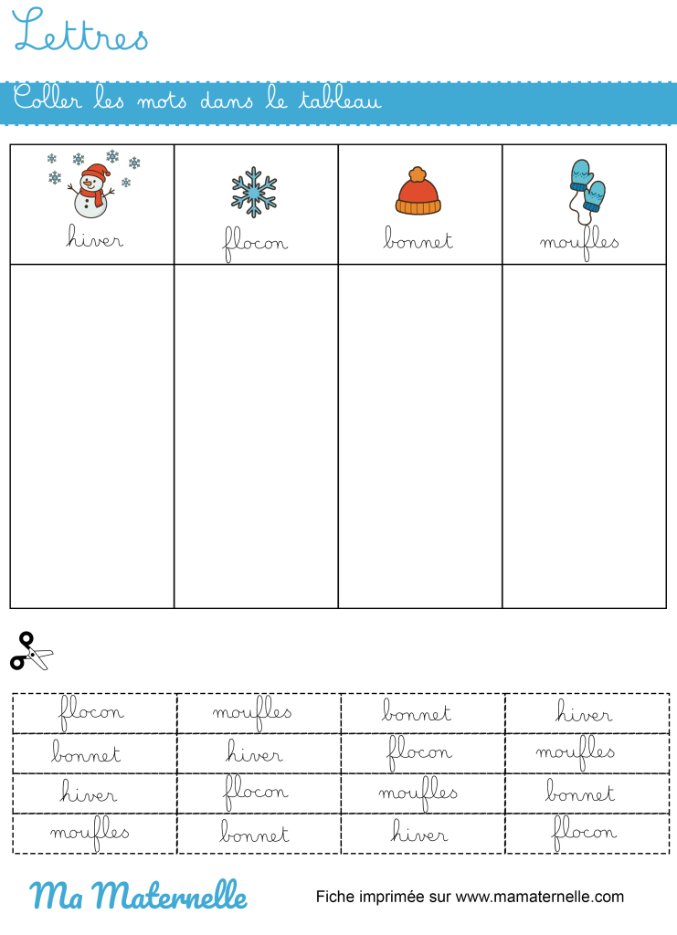 Grande section - Lettres : coller les mots dans le tableau