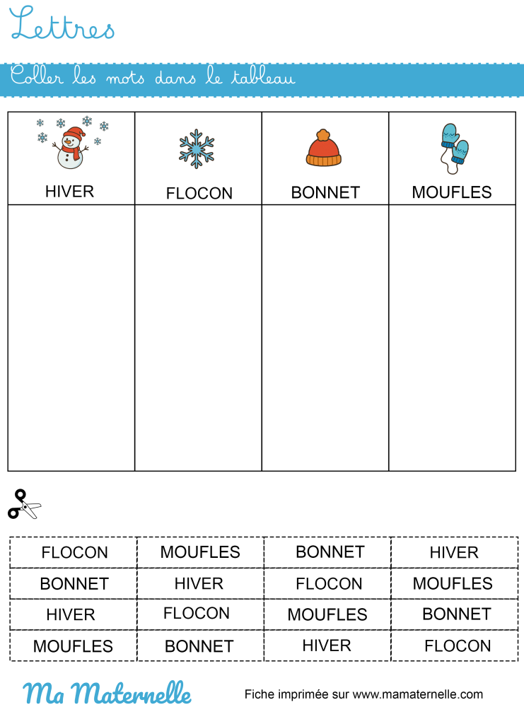 Moyenne section - Lettres : coller les mots dans le tableau