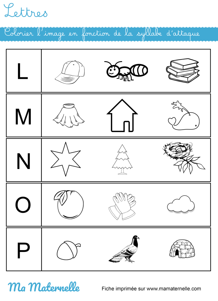 Grande section - Lettres : colorier l&rsquo;image en fonction de la syllabe d&rsquo;attaque