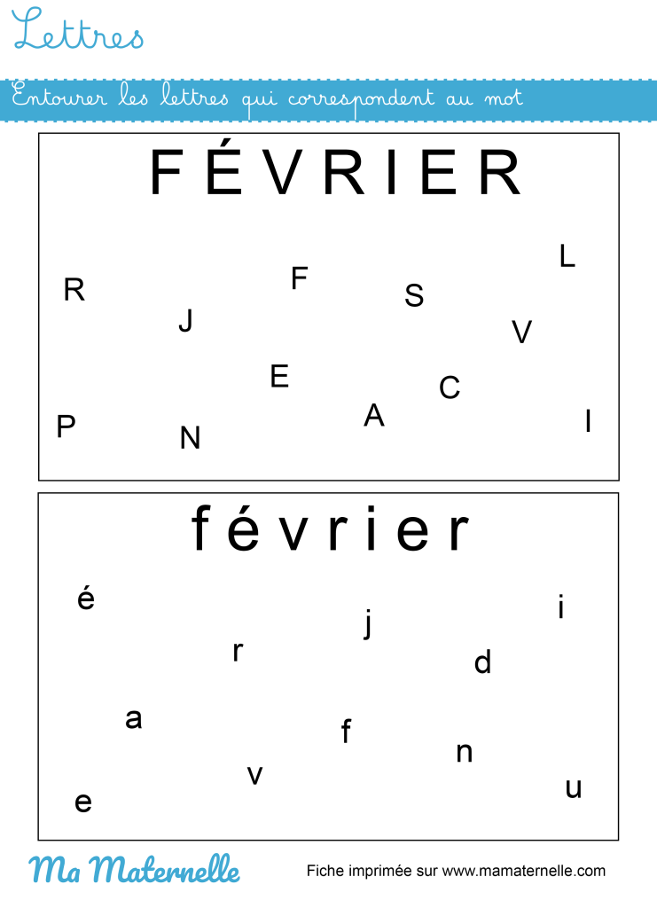 Moyenne section - Lettres : entourer les lettres qui correspondent au mot