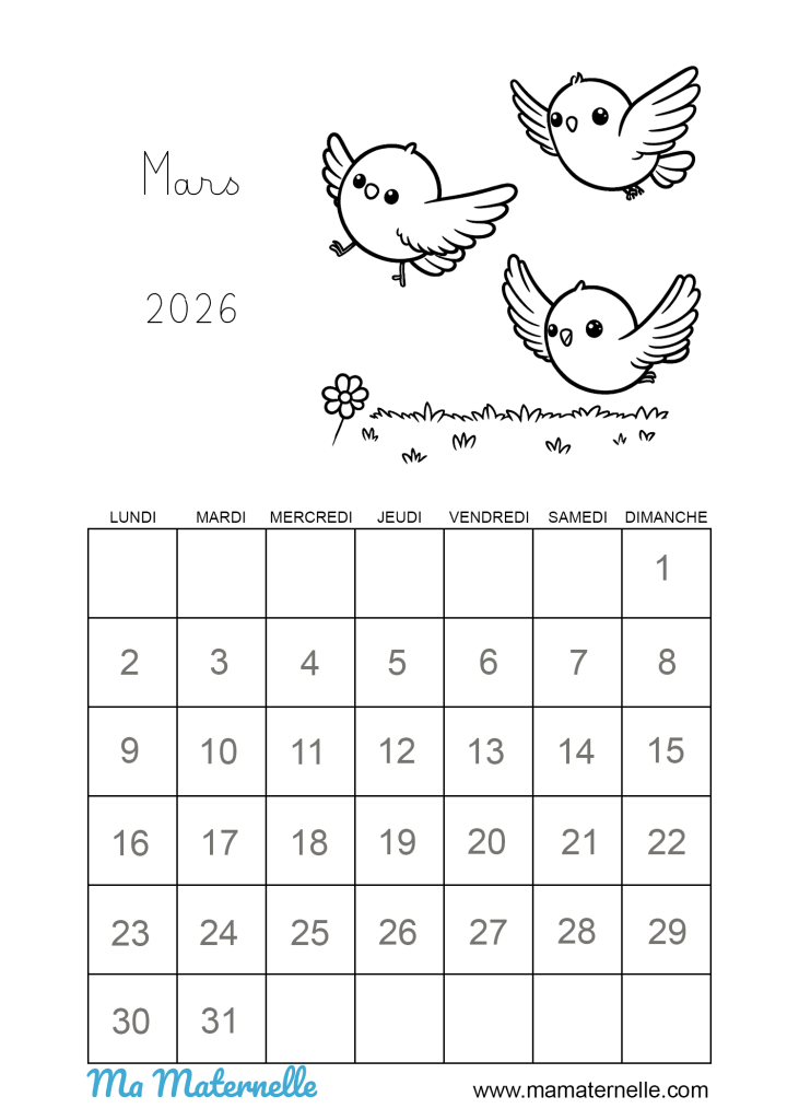 Activités - Calendrier coloriage mars 2026