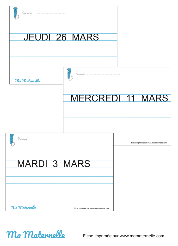Grande section - Fiches d’écriture date du jour – Mars