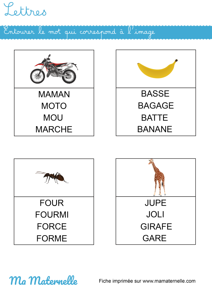 Grande section - Lettres : entourer le mot qui correspond à l&rsquo;image