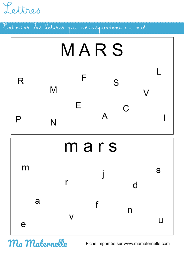 Moyenne section - Lettres : entourer les lettres qui correspondent au mot