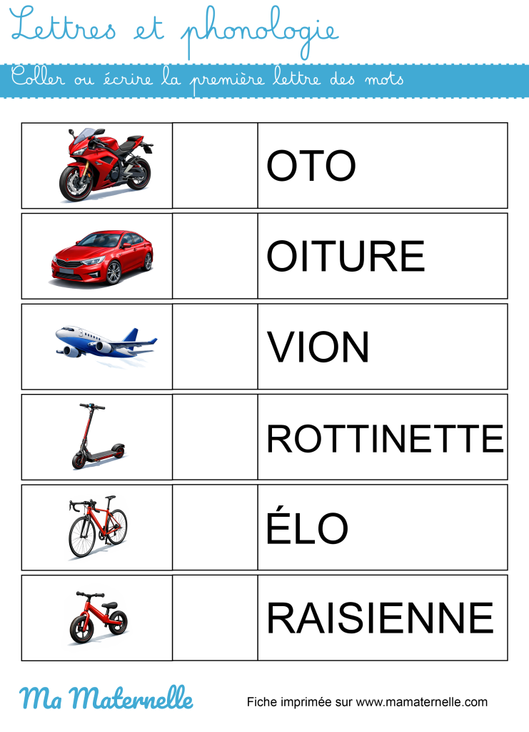 Grande section - Lettres et phonologie : coller ou écrire la première lettre des mots