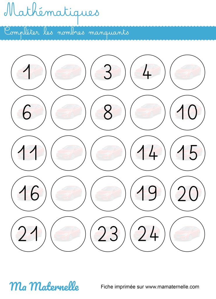 Grande section - Mathématiques : compléter les nombres manquants