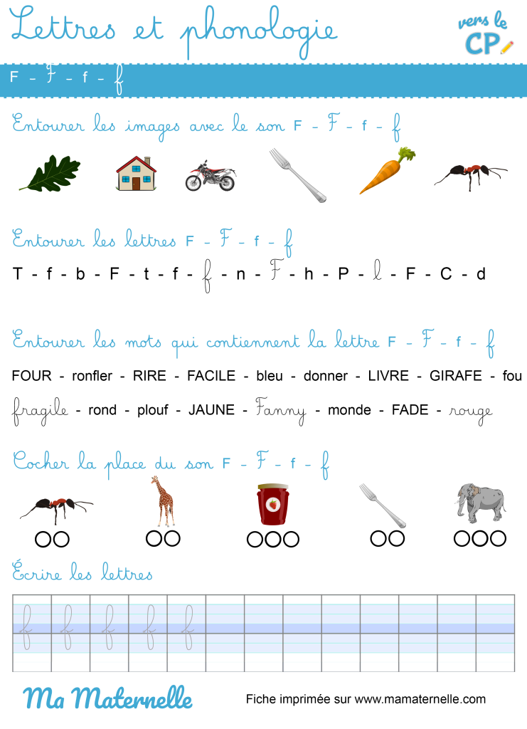 Vers le CP - Lettres et phonologie : la fiche du F