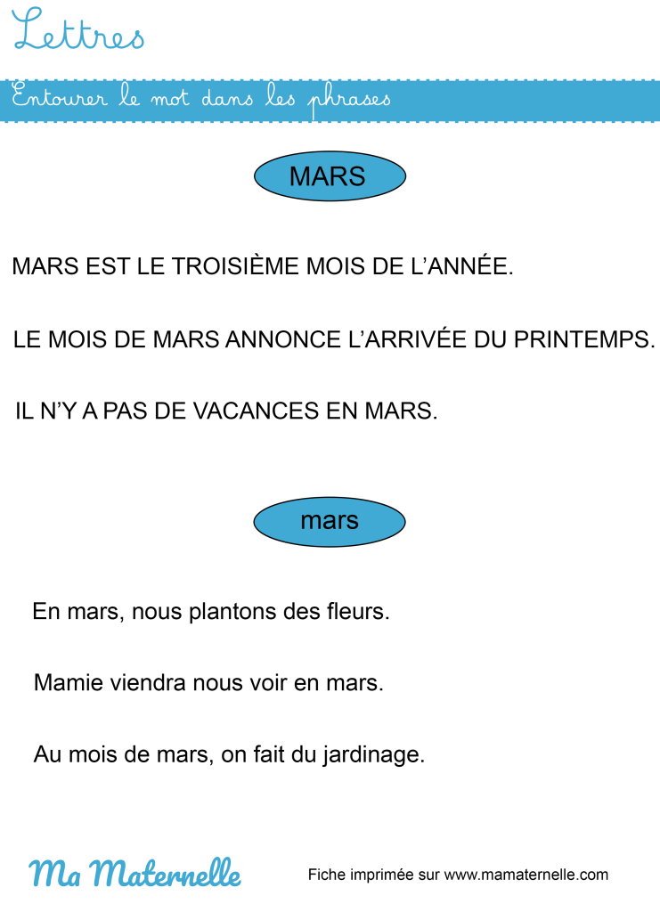 Grande section - Lettres : entourer le mot dans les phrases