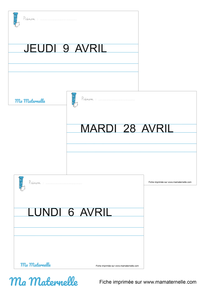 Grande section - Fiches d&rsquo;écriture date du jour – AVRIL