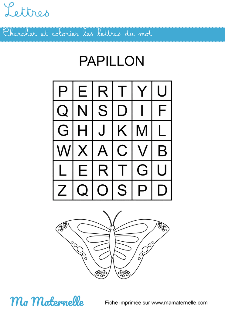 Moyenne section - Lettres : chercher et colorier les lettres du mot