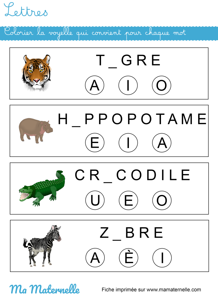 Grande section - Lettres : colorier la voyelle qui convient pour chaque mot