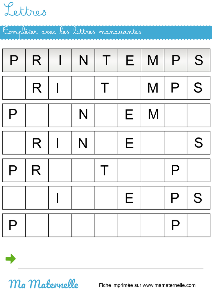 Grande section - Lettres : compléter avec les lettres manquantes