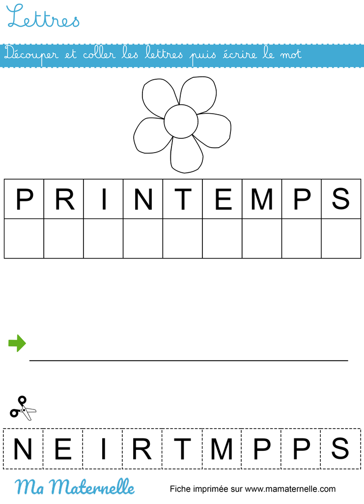 Moyenne section - Lettres : découper et coller les lettres puis écrire le mot