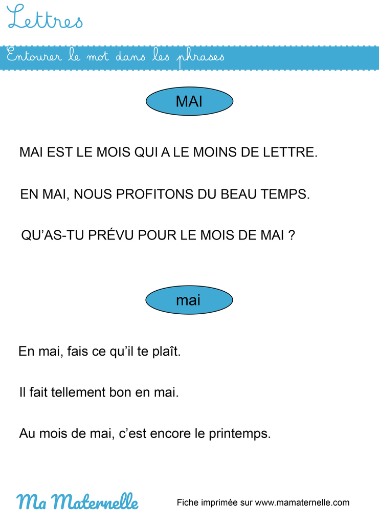 Grande section - Lettres : entourer le mot dans les phrases