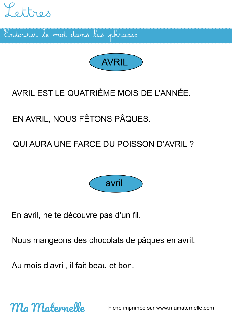 Grande section - Lettres : entourer le mot dans les phrases.