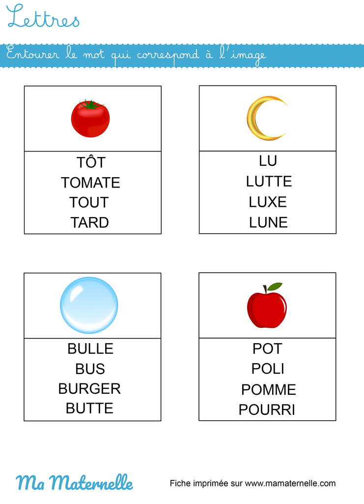 Grande section - Lettres : entourer le mot qui correspond à l&rsquo;image