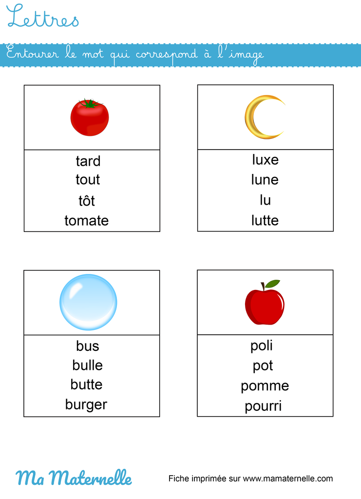 Grande section - Lettres : entourer le mot qui correspond à l&rsquo;image