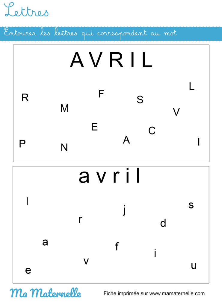 Moyenne section - Lettres : entourer les lettres qui correspondent au mot