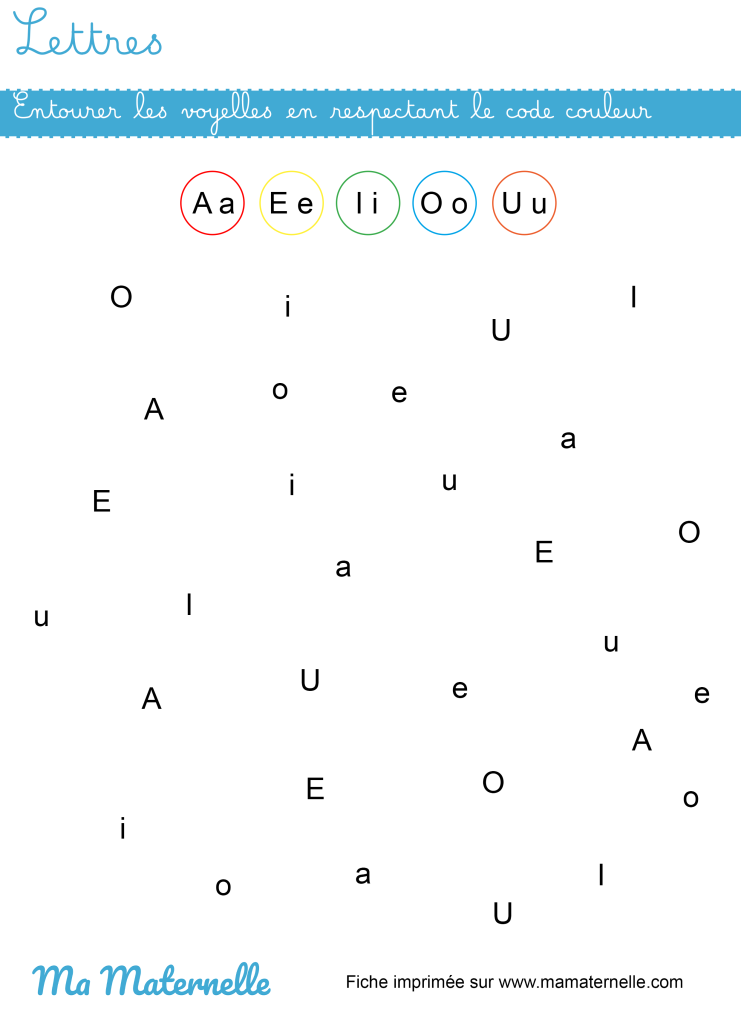 Grande section - Lettres : entourer les voyelles en respectant le code couleur