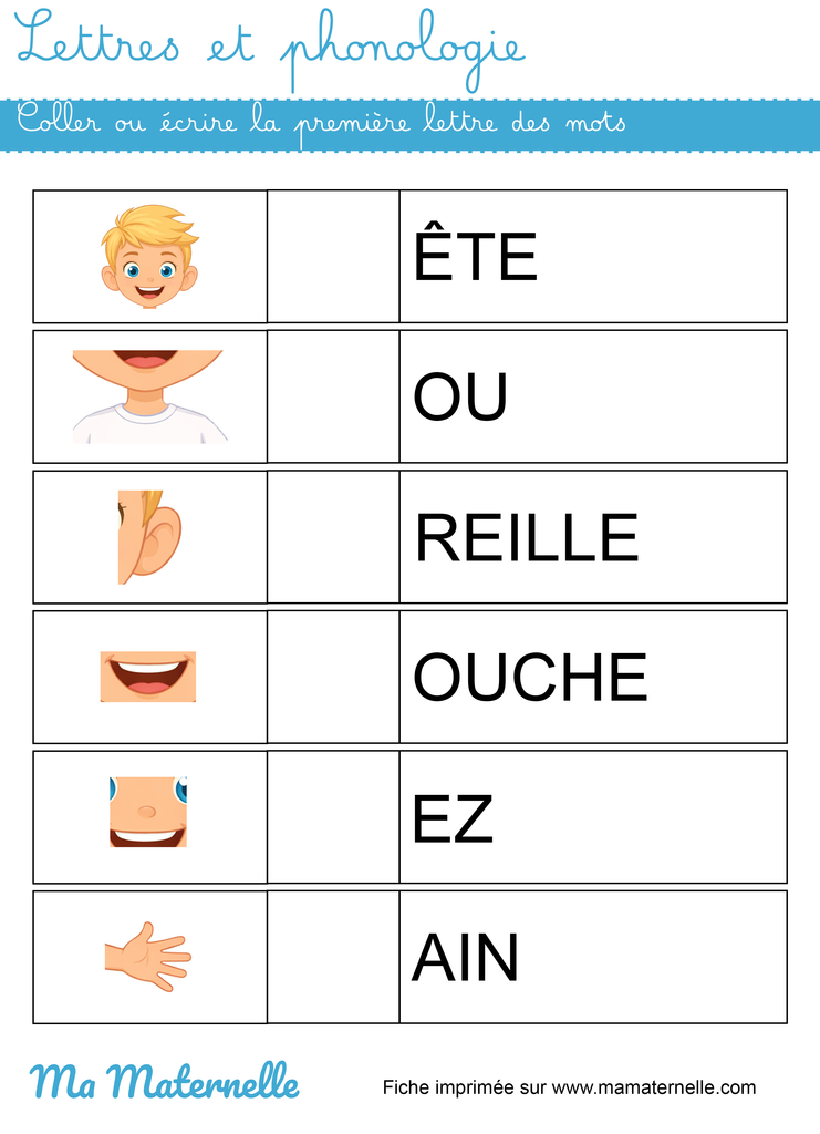 Grande section - Lettres et phonologie : coller ou écrire la première lettre des mots