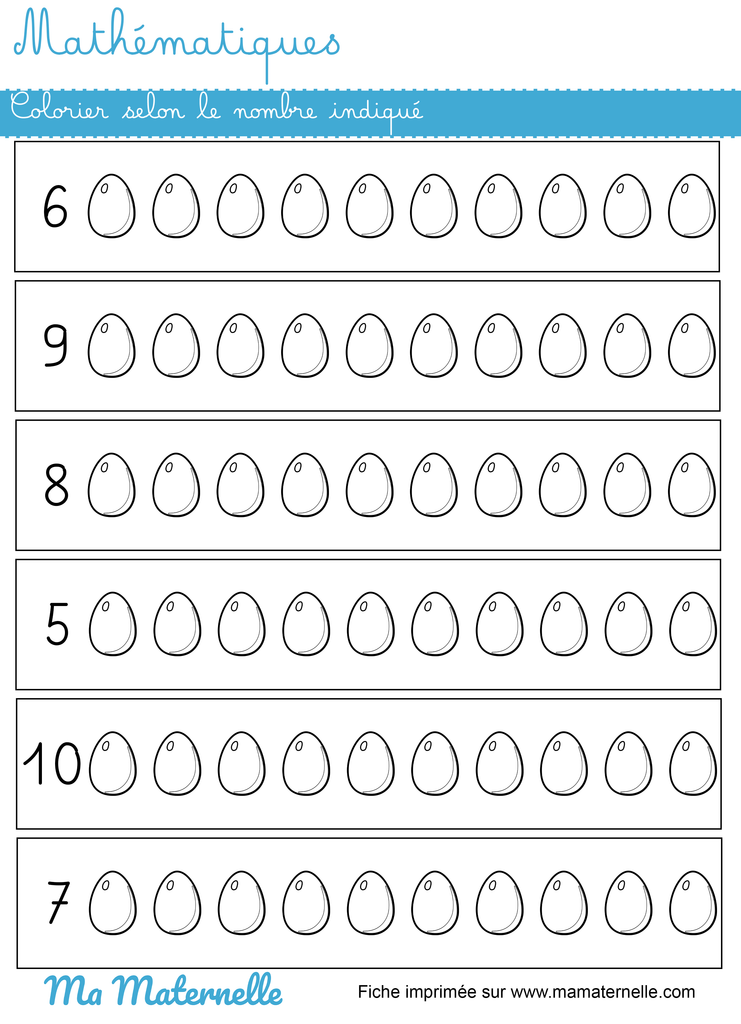 Grande section - Mathématiques : colorier selon le nombre indiqué