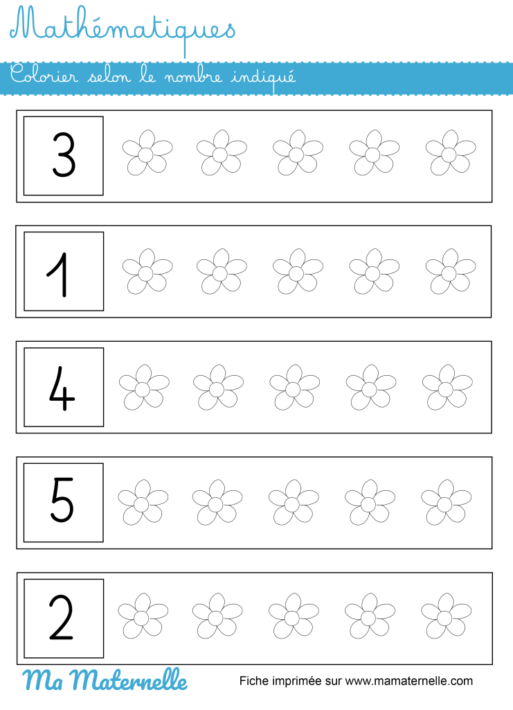 Moyenne section - Mathématiques : colorier selon le nombre indiqué
