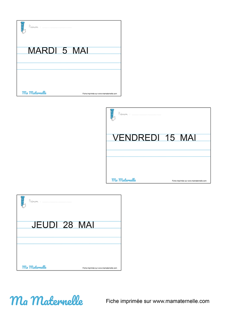 Grande section - Fiches d&rsquo;écriture date du jour – MAI