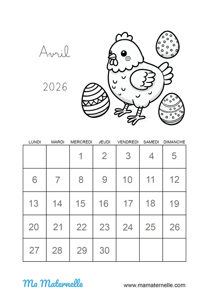 Activités - Calendrier coloriage avril 2026