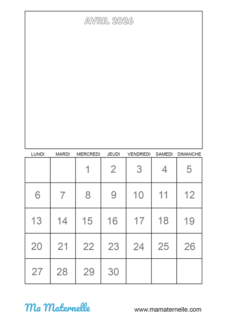 Activités - Calendrier vierge avril 2026