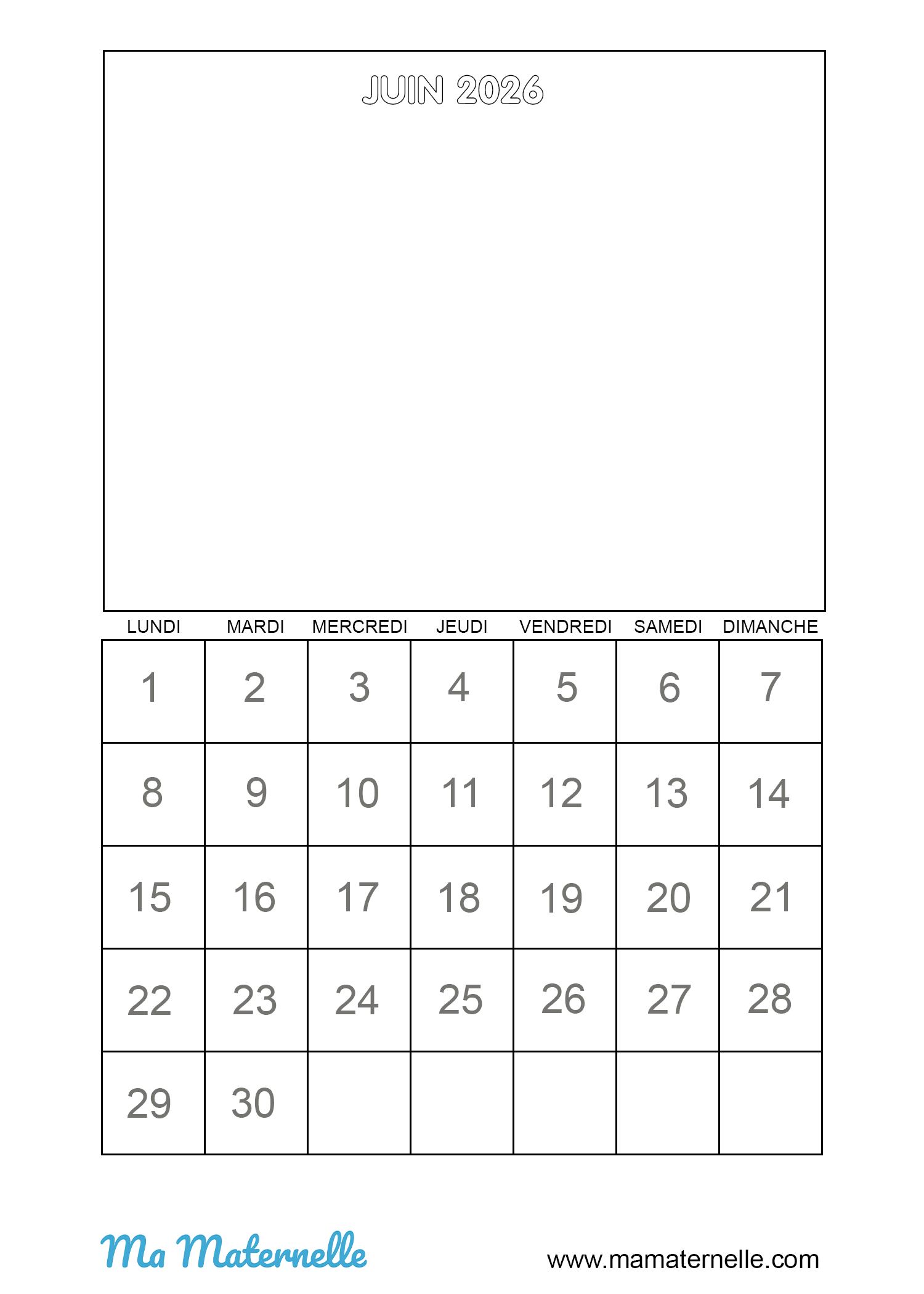 Activités - Calendrier vierge juin 2026