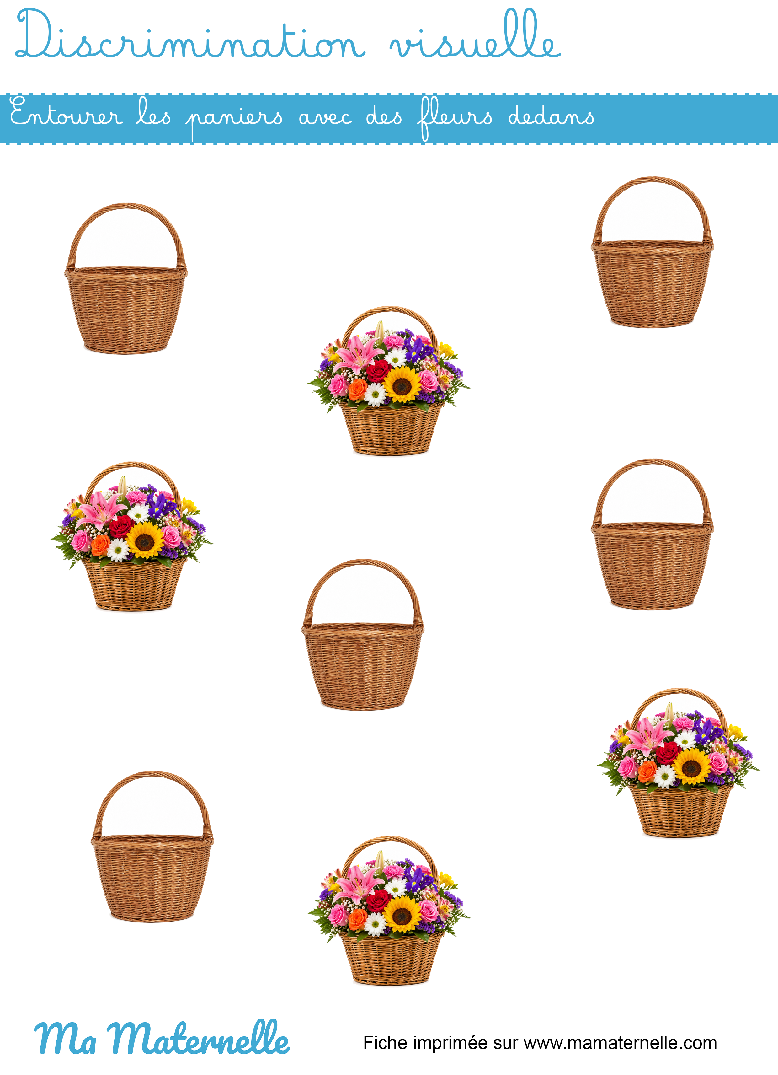 Petite section - Discrimination visuelle : entourer les paniers avec des fleurs