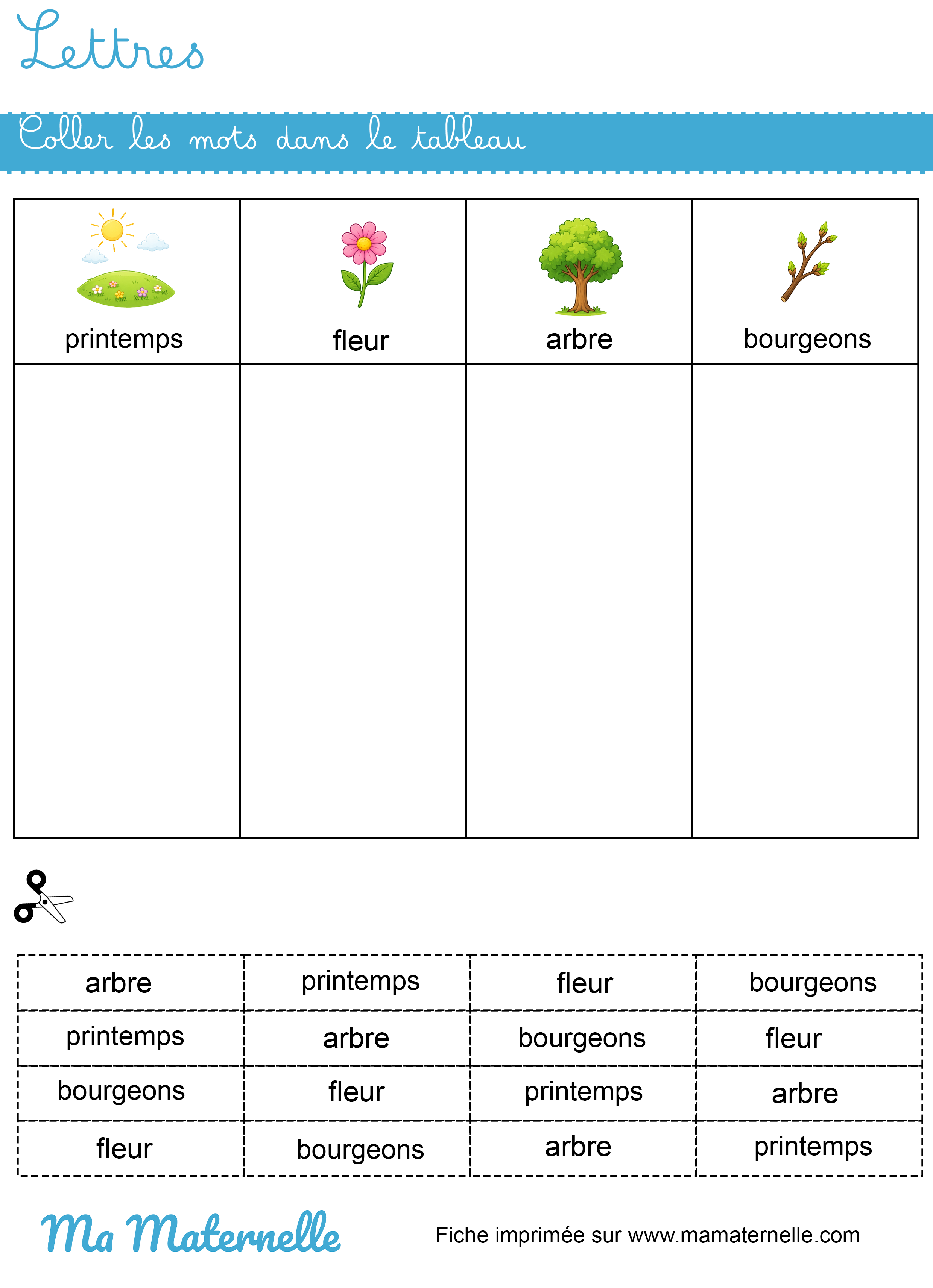 Moyenne section - Lettres : coller les mots dans le tableau
