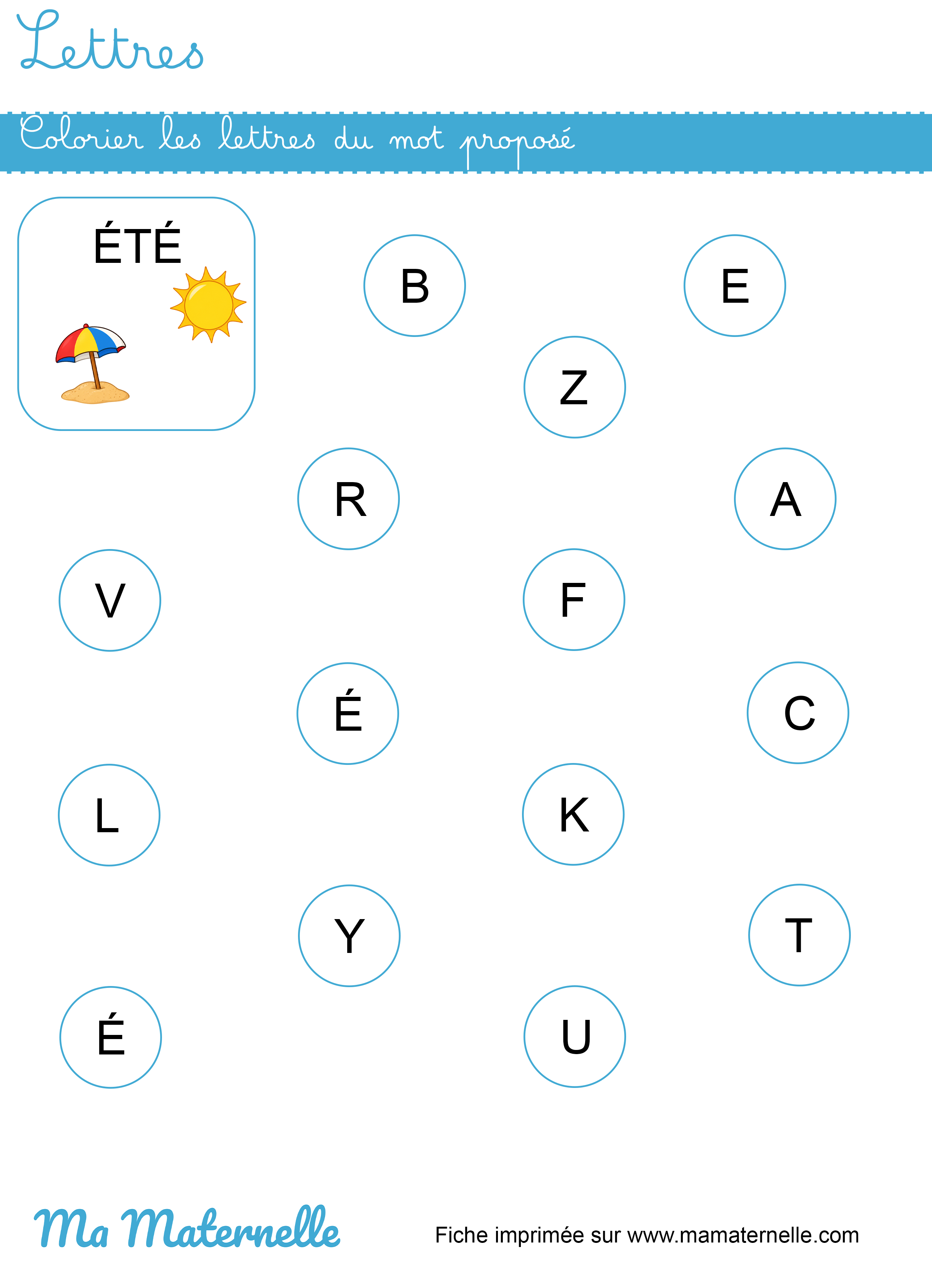 Petite section - Lettres : colorier les lettres du mot proposé