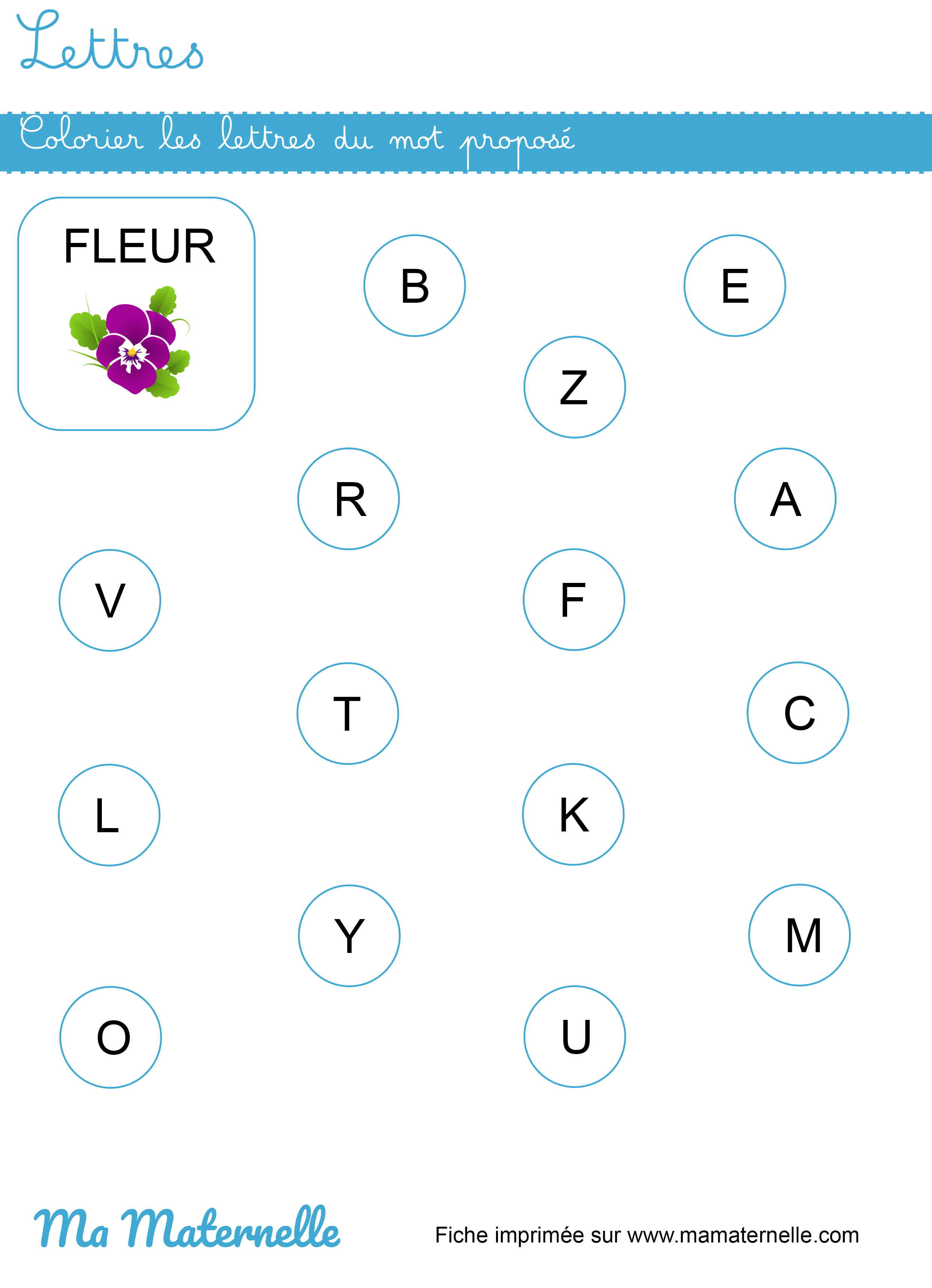 Petite section - Lettres : chercher et colorier les lettres du mot